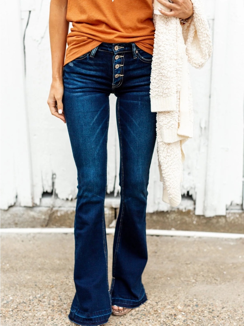 KanCan Dark Blue High-Rise Button-Front Flare Jeans